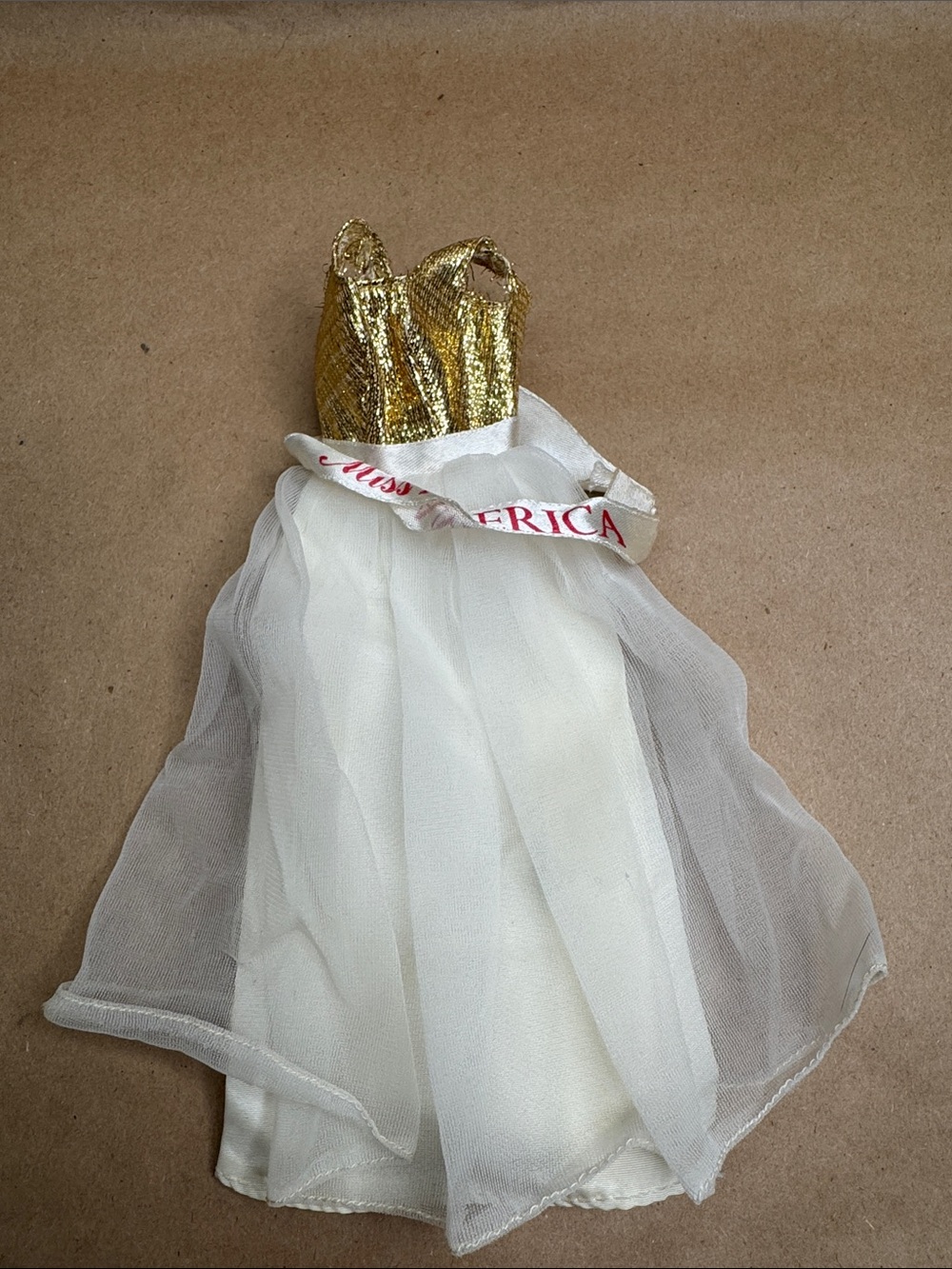1972 Vintage Mattel Barbie Gold and White Pageant Dress with Miss America Sash